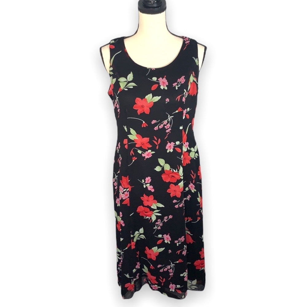 Studio I Petite Black Floral Sleeveless Dress Size 10P Midi Lined Zipper